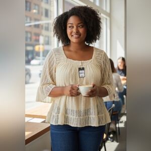 Nu Options Boho Loose Flowy Gauzy Party Overblouse In Cream Lined Large